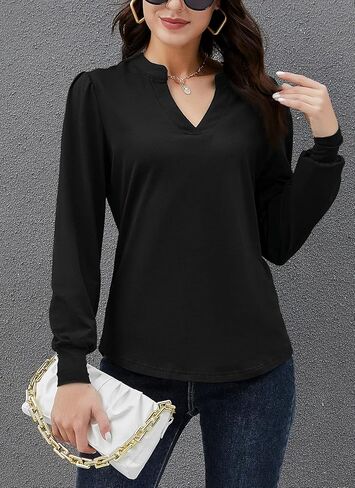 HOCOSIT المرأة عادية الخامس الرقبة فانوس نفخة طويلة الأكمام بلايز فضفاضة تونك الكلاسيكية بلوزة تي شيرت in Kuwait