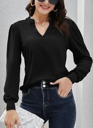 HOCOSIT المرأة عادية الخامس الرقبة فانوس نفخة طويلة الأكمام بلايز فضفاضة تونك الكلاسيكية بلوزة تي شيرت in Kuwait