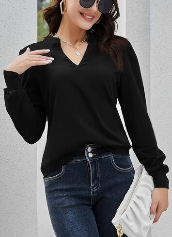 HOCOSIT المرأة عادية الخامس الرقبة فانوس نفخة طويلة الأكمام بلايز فضفاضة تونك الكلاسيكية بلوزة تي شيرت in Kuwait