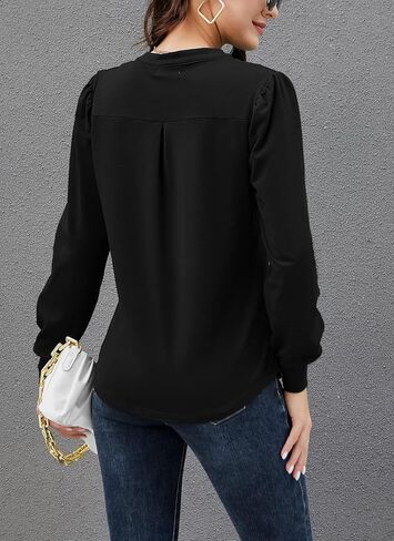 HOCOSIT المرأة عادية الخامس الرقبة فانوس نفخة طويلة الأكمام بلايز فضفاضة تونك الكلاسيكية بلوزة تي شيرت in Kuwait