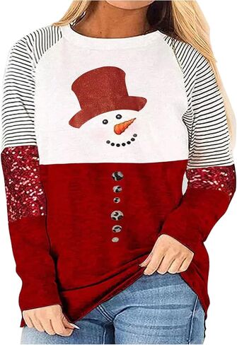Plus Size Christmas Long Sleeve Shirts for Women Christmas Snowman Leopard T-Shirt Xmas Holiday Color Block Striped Tops in Saudi Arabia