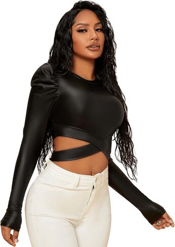 SweatyRocks Women's Long Sleeve Criss Cross Waist Crop Top PU Leather Tee Top in Saudi Arabia