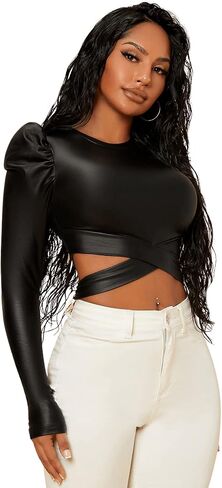 SweatyRocks Women's Long Sleeve Criss Cross Waist Crop Top PU Leather Tee Top in Saudi Arabia