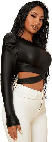 SweatyRocks Women's Long Sleeve Criss Cross Waist Crop Top PU Leather Tee Top in Saudi Arabia