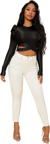 SweatyRocks Women's Long Sleeve Criss Cross Waist Crop Top PU Leather Tee Top in Saudi Arabia