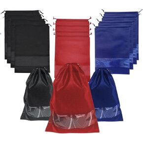 12 Pcs Shoe Bags for Travel, Packing, Storage & Organizing. Reusable Dust-Proof & Water Resistant Shoe Pouch Protector with Clear Transparent Window & Drawstrings. (Red + Blue + Black)