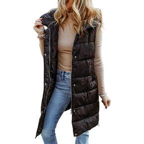 EVALESS Womens Long Puffer Vest Quilted Hooded Sleeveless Zip Up Down Jacket Winter Warm Lightweight Gilet Coat Outerwear