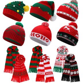 Liitrsh 12 Pcs Christmas Knitted Beanies and Scarf Set Xmas Santa Hat with Pom Warm Skull Cap for Adult Teens Holiday Gift in Saudi Arabia
