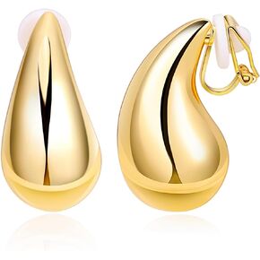 SOMEITIA 18K Gold-plated Clip On Chunky Earrings for Women Girls Lightweight Gold Hoop Earrings Waterdrop Hollow Hypoallergenic Non Pierced Earring