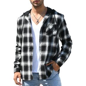 YAOKUBO Flannel Hoodies for Men Casual Button Down Plaid Long Sleeve Lightweight Shirts Jackets