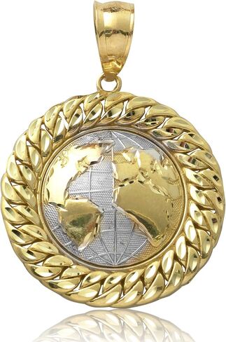 LoveBling 10K Yellow Gold Two-Tone World Map Globe Charm Pendant w/Cuban Link Border (1.87" x 1.34") in Saudi Arabia
