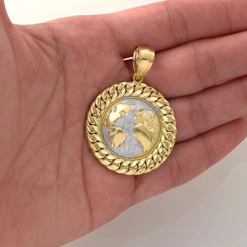 LoveBling 10K Yellow Gold Two-Tone World Map Globe Charm Pendant w/Cuban Link Border (1.87" x 1.34") in Saudi Arabia