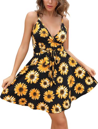Aphratti Women's V-Neck Spaghetti Strap Faux Wrap Sundress Summer Casual Mini Sexy Fit and Flare Short Sun Dress in Kuwait