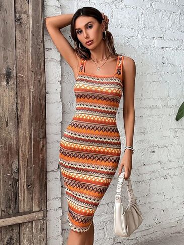 Verdusa Women's Square Neck Sleeveless Striped Long Pencil Bodycon Tank Dress in Kuwait