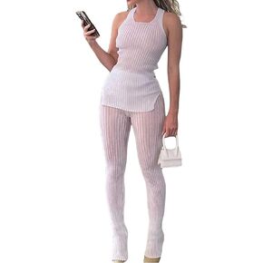 aihuajie Sexy Two Piece Outfits for Women, Birthday Party Club Sheer Splicing Bodycon Bodysuit Jumpsuit Legging Pants Sets