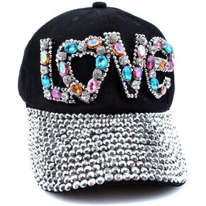 Elonmo Cute Letter Love Womens Baseball Cap Jewel Rhinestone Bling Hats Jeans Wash Denim (Black)