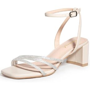 Zelaprox Women's Rhinestone Block Chunky Heel Sandals Square Open Toe Dressy Heels Glitter Wedding Sandals Low Heeled Comfortable Ankle Strap Prom Dress Shoes