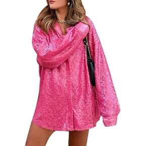 SEMATOMALA Women's Sequin Collared V Neck Button Down Casual Long Sleeve Shirt Top Sparkle Glitter Oversized Blouse