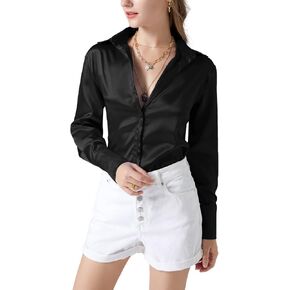 LYANER Women's Satin Silky Collar Buttons Down Long Sleeve Work Blouse Shirt Top in Kuwait