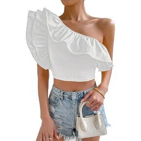 Floerns Women's One Shoulder Tiered Layered Butterfly Sleeve Ruffle Crop Top
