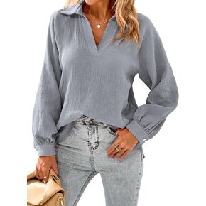 PRETTYGARDEN المرأة 2023 الخريف بلوزة عصرية بلايز عادية كم طويل الخامس الرقبة طوق القطن قميص كتان in Kuwait