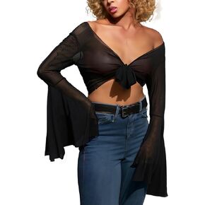Rave Bell Mesh Crop Top for Women - 70s Long Sleeve Tie Front Sheer Shirt Ruffle Fairycore Blouse Festival Outfits