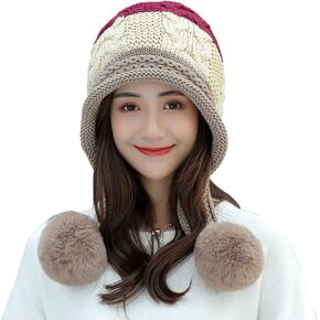 Womens Winter Large Korean Version Thick Knitted Hats with Fur Pompom Warm Earmuffs Wool Ball Ear Protection Caps