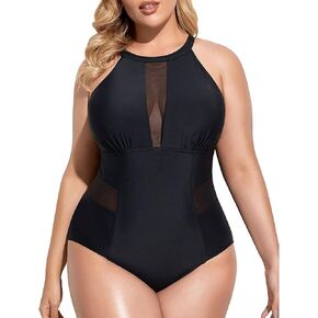 Daci Plus Size One Piece Swimsuit for Women High Neck Plunge Mesh Cut Out Bathing Suits