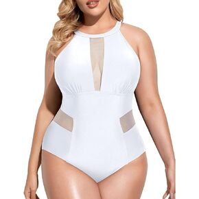 Daci Plus Size One Piece Swimsuit for Women High Neck Plunge Mesh Cut Out Bathing Suits