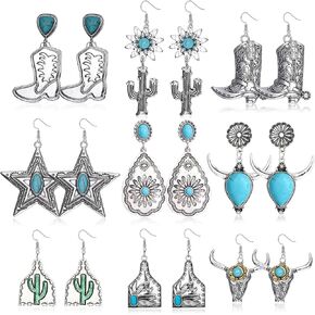 Sanfenly Western Earrings for Women Cowgirl Cowboy Boot Bull Hat Drop Dangle Country Earrings Set