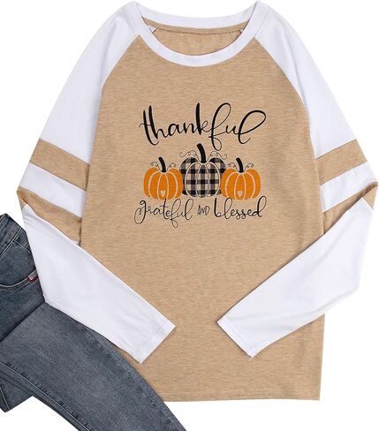 Thankful Grateful Blessed Shirt for Women Plaid Pumpkin Long Sleeve Tshirts Leopard Stripe Striped Thanksgiving Fall Tee Tops in Saudi Arabia