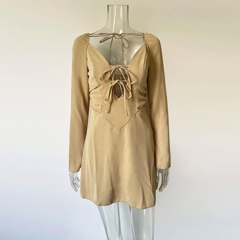 XLLAIS Deep V Neck Chest Drawstring Puff Sleeve Mini Bodycon Chiffon Dress in Saudi Arabia