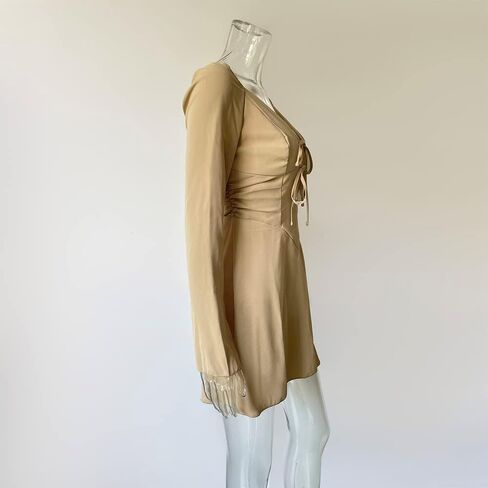 XLLAIS Deep V Neck Chest Drawstring Puff Sleeve Mini Bodycon Chiffon Dress in Saudi Arabia