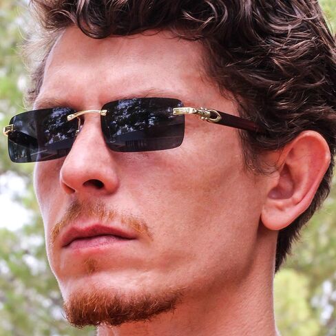 Elite Slim Rimless Rectangular Metal & Wood Art Aviator Sunglasses in Kuwait