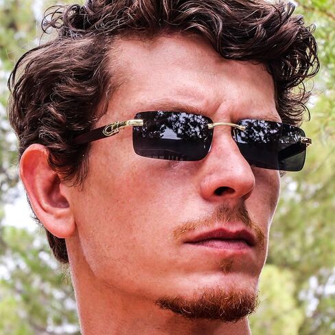 Elite Slim Rimless Rectangular Metal & Wood Art Aviator Sunglasses in Kuwait