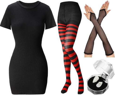 Suhine Halloween Vampire Costume for Women Black and Red Legging Black Dress Vampire Fangs Glove for Cosplay Party in Saudi Arabia