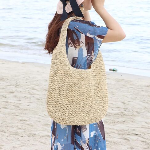 حقيبة يد من القش من Freie Liebe للنساء حقيبة شاطئ كبيرة وحقائب كتف منسوجة للصيف in Kuwait