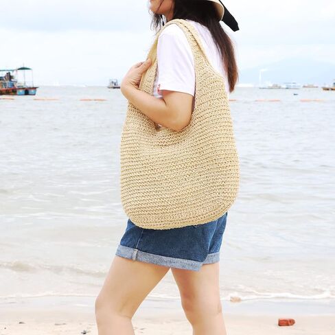 حقيبة يد من القش من Freie Liebe للنساء حقيبة شاطئ كبيرة وحقائب كتف منسوجة للصيف in Kuwait