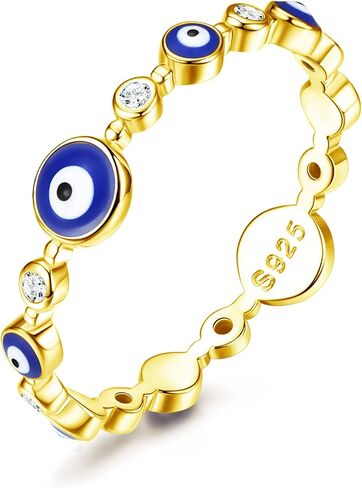 MUSECLOUD 14K Gold Plated Evil Eye Ring for Women White Gold Plated 925 Sterling Silver Evil Eye Ring Minimalist Blue Eye Band Ring Protection Jewelry Size 5-10 in Kuwait