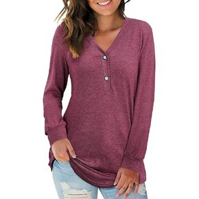 قميص نسائي طويل الأكمام من Florboom Henley رقبة على شكل V كاجوال بأزرار سفلية، بلوزة علوية فضفاضة in Kuwait