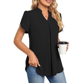 Anyhold Women's Summer Dressy Chiffon Blouse Notch V Neck Petal Sleeve Tops Loose Casual Cute Shirts for Work