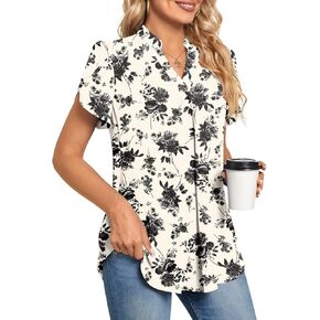 Anyhold Women's Summer Dressy Chiffon Blouse Notch V Neck Petal Sleeve Tops Loose Casual Cute Shirts for Work