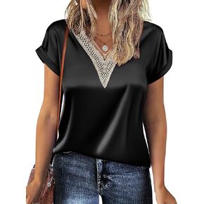 Chigant Short Sleeve Silk Shirt for Women Loose Satin Blouse Guipure Lace V Neck Silk Tops S-XXL