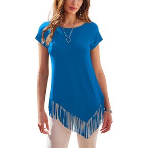 liher Women's Summer Tshirts Raglan Short Sleeve Round Neck Asymmetric Hem Fringe Shirt Tunic Tops