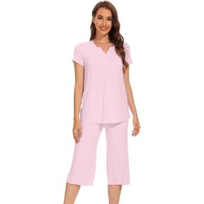 WiWi Pajamas for Women Bamboo Viscose Pajama Sets Soft Short Sleeve Pjs with Capri Pants 2 Piece Comfy Loungewear S-XXL