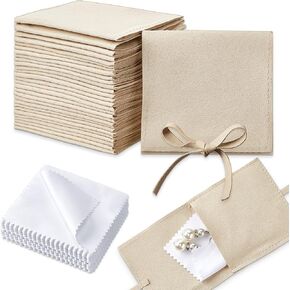 30 Pcs Microfiber Jewelry Pouch 8 x 8 cm Jewelry Packaging Bag Luxury Jewelry Gift Bags with Cleaning Cloth for Bracelet Packaging Bow Tie Envelope Style with String and Divider (Khaki, White) in Saudi Arabia