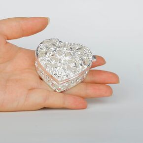 SEVENBEES Silver Heart Jewelry Trinket Box Bejeweled Heart Box with Hollow Flower Figurines Jewelry Boxes Ring Holder