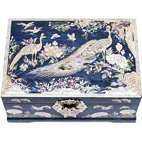 MADDesign Mother of Pearl Jewelry Box Ring Mirror Lid 2 Level Peacock Red