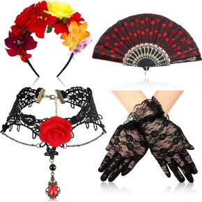 Tigeen 4 Pcs Day of the Dead Costume Set Includes Rose Flower Headband Costume Embroidered Fabric Folding Fan Flower Choker and Lace Gloves Women Girl Mexican Dance Party Accessories in Kuwait
