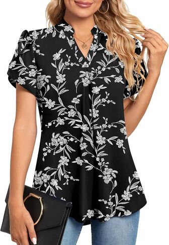 Anyhold Women's Summer Dressy Chiffon Blouse Notch V Neck Petal Sleeve Tops Loose Casual Cute Shirts for Work in Kuwait